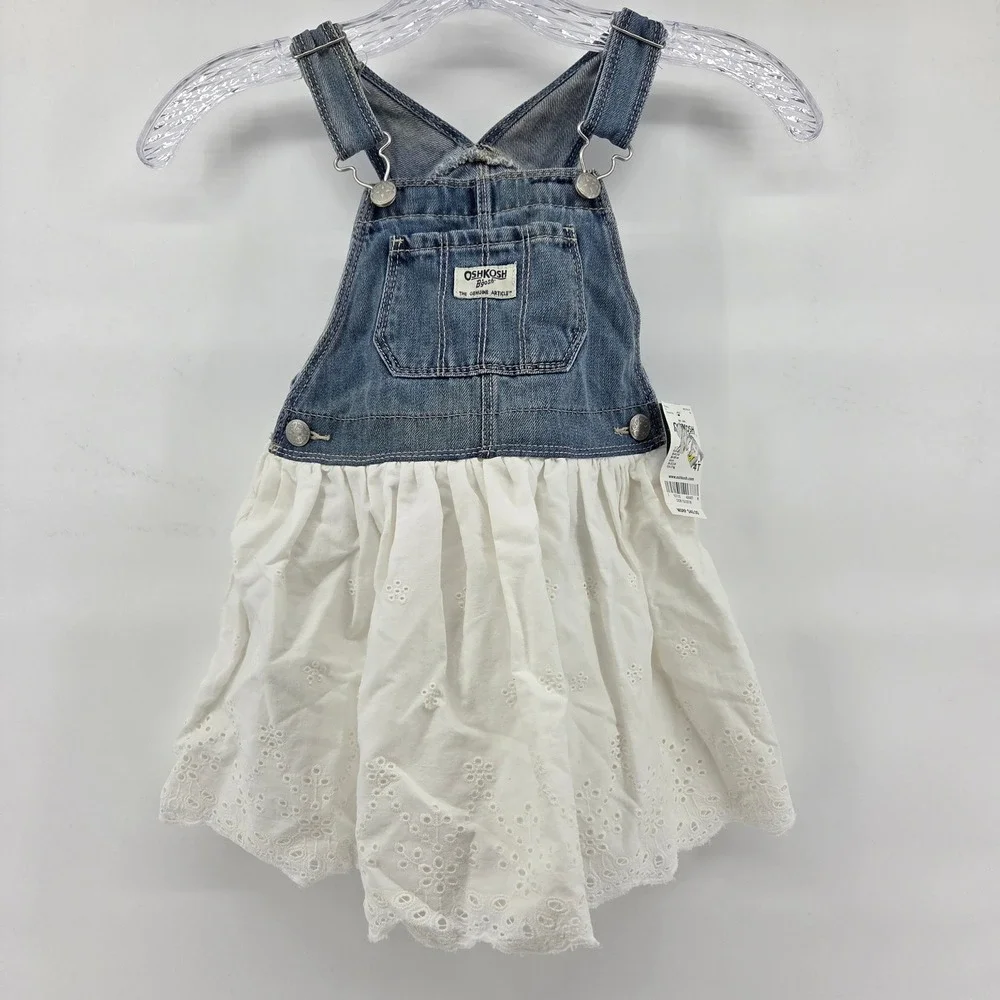 OshKosh B'gosh Girls Denim Ruffle Eyelet Sundress Overalls Dress 4T‎ New